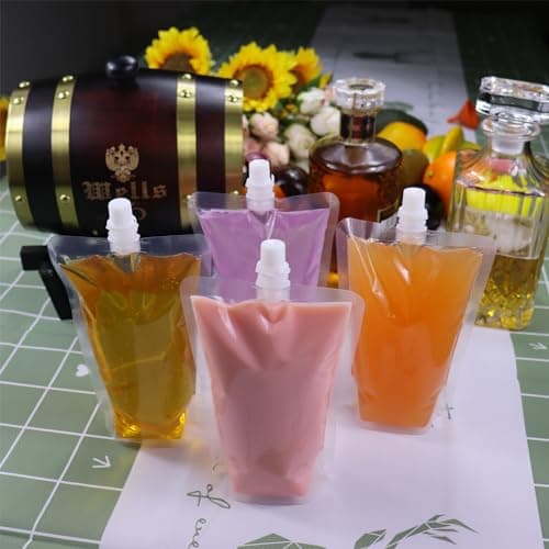 Yelinosk 20Pack Clear Drink Pouches 380ml with caps and Funnel for Festivals,Leak Proof Alcohol Juice Liquid Pouches Bags, Beverage Bags, Plastic Hip Flask for Parties, Picnic, Travel, Sports — view 4