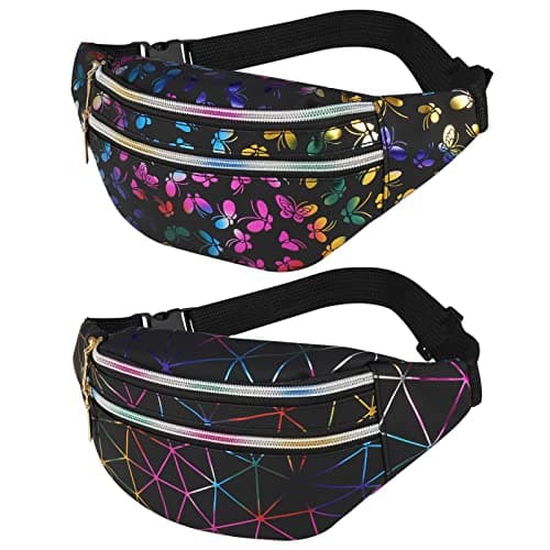 FANTESI 2 Pack Shiny Bumbag Waist Bag Fanny Pack Double Zipper Belt Bag