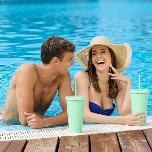 Yisituo 24 oz Reusable Plastic Cups, 10 Pack Cold Cups with Lid and Straw, Tumblers Travel Mugs for Adults and Madam Party and Beach, Pool Gatherings (10, Light Green) — view 6