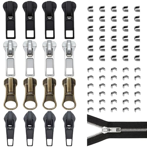 76 Pcs Zip Repair Kit, Universal Zipper Repair Kit, Zipper Pull Replacement Pull Accessories Size 5 with Top and Bottom Stops, for Jackets Clothes Bags Backpack Luggage (Black, Silver, Gold)