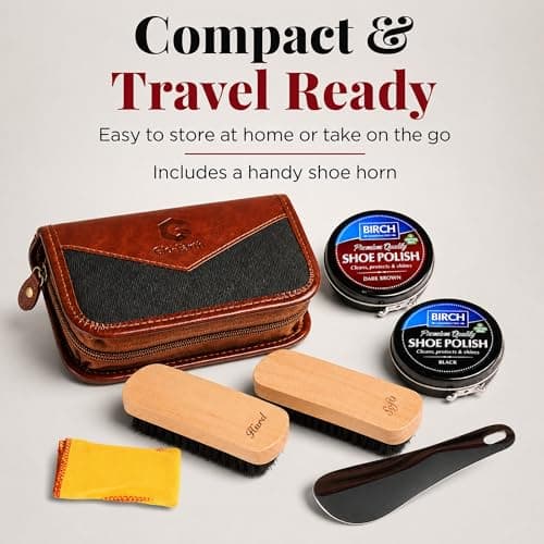 Glo Earth Shoe Shine Kit Premium Travel Shoe Care Set with Horse Hair Brushes Black and Dark Brown Polish Buffing Cloth and Carry Case — view 6