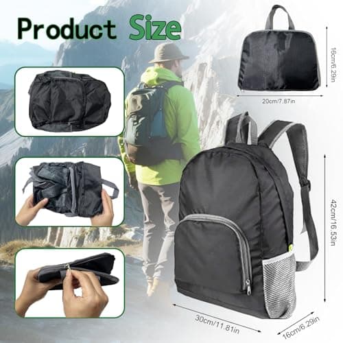 Ultra Lightweight Rucksack Small Backpack Foldable Compact Daypack, Black — view 2