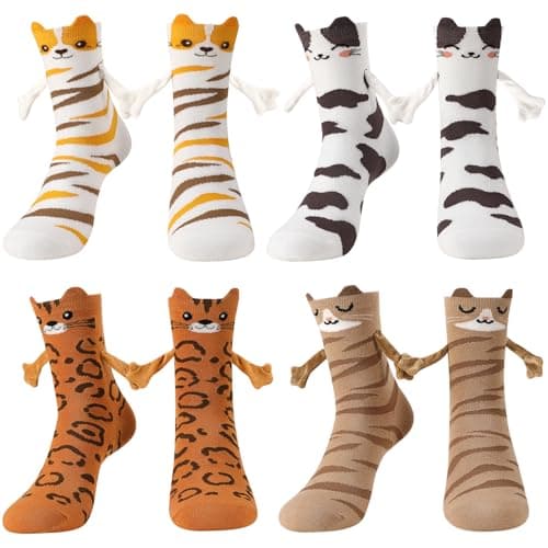 Zuimei 4 Pairs Magnetic Crew Socks Cat Holding Hands Design Unisex UK 4-8