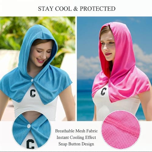 XIMU-SHANGDIAN 2 Pack Cooling Hoodie Towel – Instant Cool Towel for Neck & Face with Sun Protection, Ideal for Sport, Camping, Workout, Hot Weather (Blue & Rose Red) — view 6