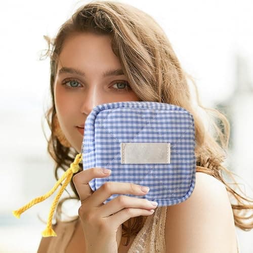 Small Cosmetic Bag Portable Multipurpose Square Check Design — view 3