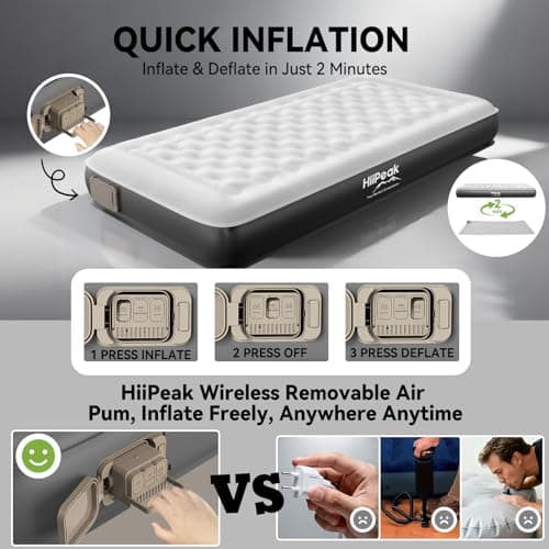 HiiPeak Single Inflatable Bed, 22cm Camping Air Mattress with Wireless Removable Built-in Pump, Blow Up Bed, Self Inflating Guest Bed All Night Stability, No Bad Smell for Tent Camping, Home, Guests — view 2