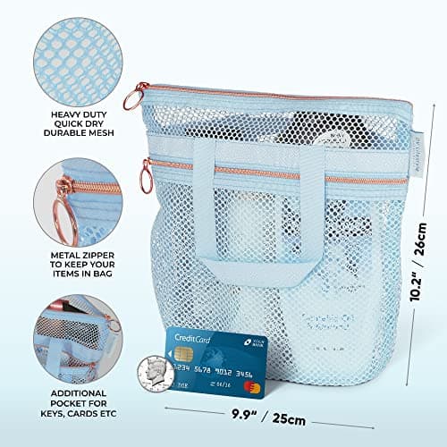 DV Lifestyle Mesh Shower Bag 25 x 26cm Caddy with Zipper & 2 Pockets. Quick-Dry Portable Toiletry Tote for Bathroom, Gym, Travel, Camp, Beach, for Sunscreen, Dorm & College Essentials (Blue) — view 2