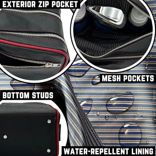 Travel Dopp Gift cosmetic VI PRESTIGE premium quality Classic Toiletry Bag large capacity two compartments YKK zippers water-resistant bottom studs mesh pockets durable organizer unisex BLACK/BURGUNDY — view 6