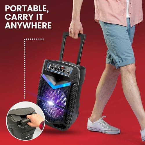 Pyle, Portable PA Speaker, Bluetooth- Loudspeakers, 600W Rechargeable w/ 10” Subwoofer 1” Tweeter, Pa System w/Wireless Microphone, Dj Speakers, w/Recording Function/Mic Input/Lights/USB/SD/Radio — view 6