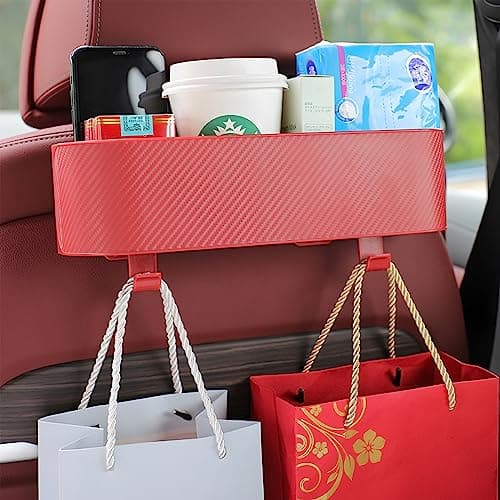 BELOMI Car Headrest Backseat Organizer with Cup Holder, Seat Back Hanging Storage Box with Hooks, Multi-Functional Drink Pocket Food Snack Phone Tray for Kids, Car Travel Accessories (Red) — view 6