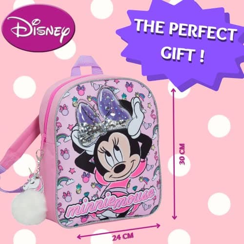 Disney Minnie Mouse Girls Backpack with Glitter Sequin Bow Kids School Toddler Nursery Lunch Bag Junior Rucksack Book Carry On with Unicorn Pom — view 6