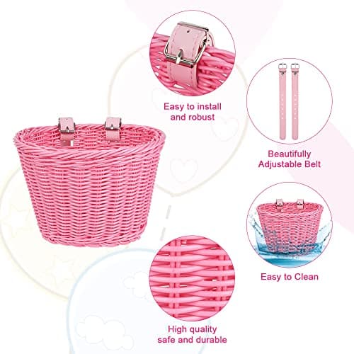 Flintronic Kids Bike Basket Handwoven Cycle Basket for Kids, Bicycle Basket For Girls Boys Childs, with Bike Accessories - Pink — view 3