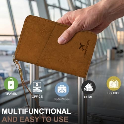 AOOSU Travel Wallet, Family Passport Holder, RFID Blocking Travel Accessories Document Organiser, Travels Document Holder for Tickets Waterproof Cover Holiday Essentials Case for Man & Woman Brown — view 6