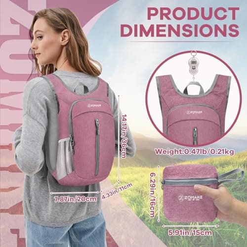 ZOMAKE Lightweight Foldable Backpack, Packable Rucksack (10L/Pink) — view 2