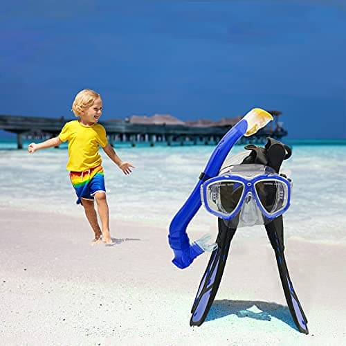 Kids Snorkeling Set with Fins Anti Leak Snorkeling Gear for Kids with Adjustable Flippers, Youth Junior Full Dry Snorkel Set Swimming Goggles with Nose Cover Diving Mask Scuba with Bag, 5-14 Yrs — view 5