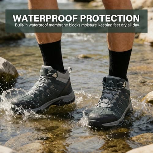 OUTJET Men's Waterproof Hiking Boots Lightweight Comfortable Leather Mid Ankle Outdoor Trekking Boot — view 3