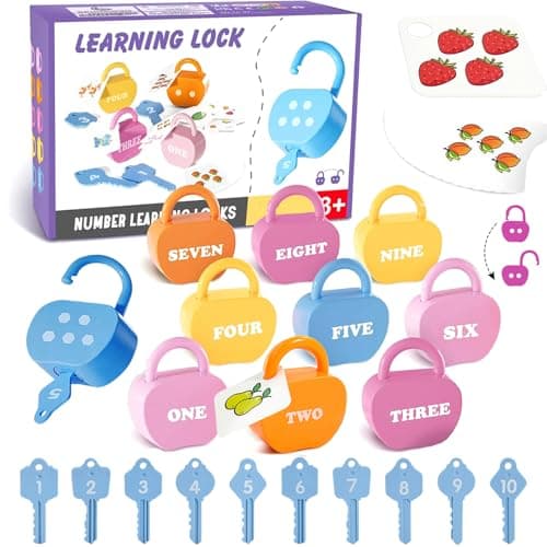 GEERAY Cause and Effect Toys for Toddlers 3+, Montessori Lock & Key Set with 10 Apple-Shaped Locks, Keys & 20 Cards – Learn Numbers, Colors & Motor Skills STEM Toy Gift for Home & Classroom
