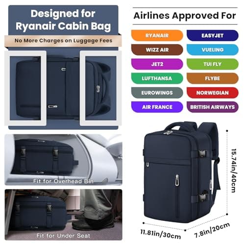 OTAHGK Cabin Bags 40×30×20 for Ryanair Underseat Carry-ons Travel Backpack Hand Luggage Bag Cabin Size 24L Flight Rucksack Casual Daypack School Office Backpack Fit 14 Inch Laptop-Blue — view 2