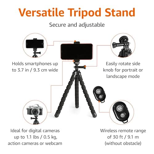 Amazon Basics Portable and Flexible Tripod 25cm/10inch with Wireless Remote and Phone Holder, Black — view 2