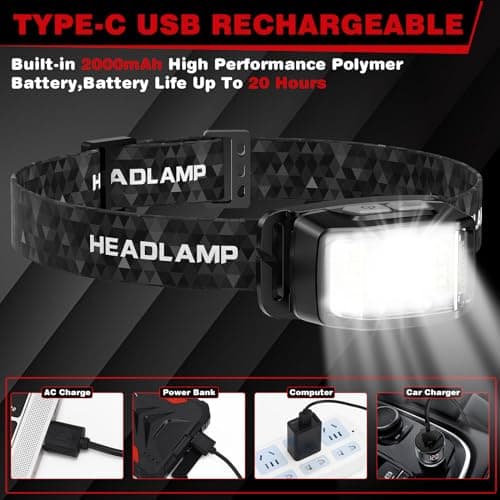 Head Torch 2 Packs,Super Bright 2000 Lumens Motion Sensor 16 Modes (individual Control) Headlamp,2000mAh Battery USB Rechargeable Waterproof LED Head Torch for Camping, Running,Cycling,Fishing — view 5