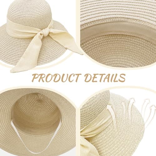 lifwimner Straw Sun Hats for Women UV Protection, Foldable Floppy Bowknot Straw Hats Wide Brim Summer Beach Cap with Chin Strap for Beach Vacation Travel Holiday (UK, Alpha, M, Beige) — view 2