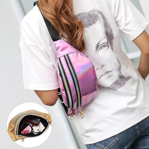 BAIYSFFG Metallic Fanny Pack Fashionable Waist Bag Waterproof Belt Bags Unisex Fashion Waist Casual Travel Bum Bag with 3 Zipper Pockets for Women Men Sports Running Hiking Jogging (Purple) — view 5