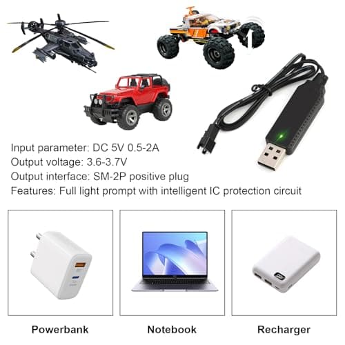 2PCS Battery Charger for Bubble Machine Gun for 3.6V 3.7V Rechargeable Battery Packs, Compatible with RC Cars, Tanks, Boats, Trucks, Trains, Toys, USB Charging Cord with LED Indicator — view 5