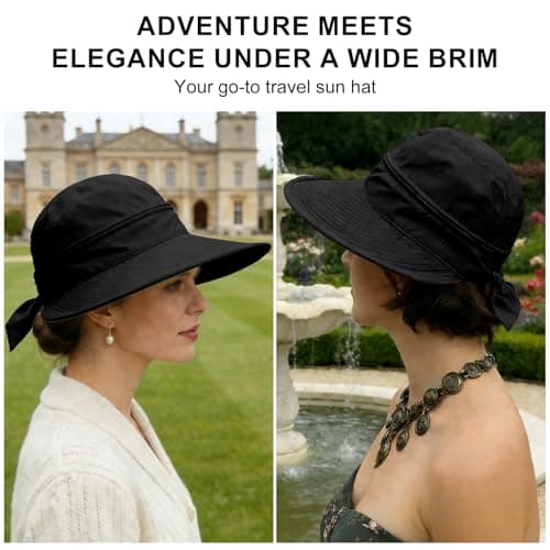 ADUDVLO Sun Hats for Women UK, Stylish UPF 50+ 2-in-1 Detachable Top & Adjustable Visor, Foldable Packable Wide Brim Beach Hat for Travel & Outdoor (Black) — view 5