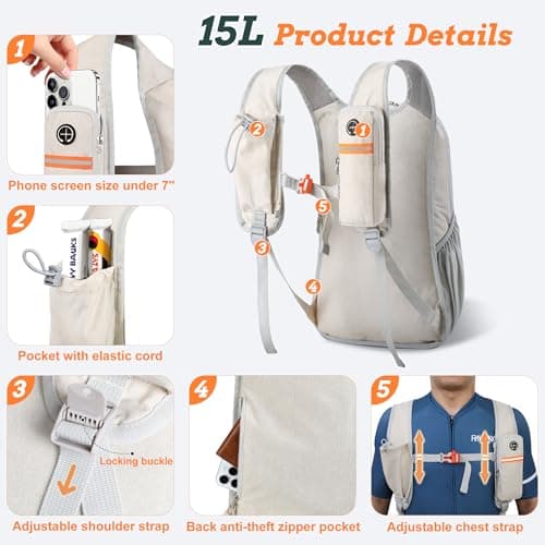 BECOJADDE 15L Hiking Backpack for Men Women Foldable Small Rucksack Lightweight Mini Backpack for Camping Travel Outdoor, Beige — view 2