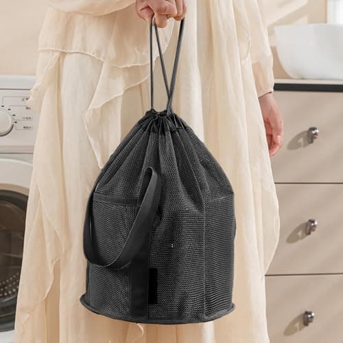 Pxcewdcx Mesh Shower Bag | Drawstring Bucket Shape Organizer Totes - Portable Waterproof Basket Organizers for Gym Toiletry Travel Pool Beach Camping Summer Swim Bath Vacation — view 6