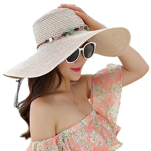 Adrinfly Women Foldable Floppy Wide Brim Straw Sun Hat Travel Packable Adjustable Summer Beach Accessories Hat UV UPF 50+, Khaki, One Size — view 2