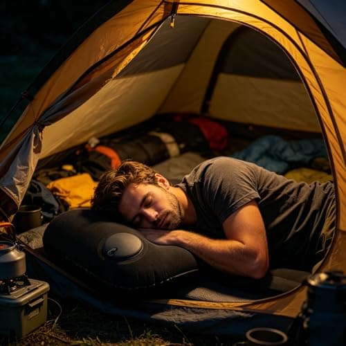 Camping Pillow, Black Inflatable Camping Pillows, Ultraligh Compressible Campings Essentials, Inflatable Air Travel Pillo with Storage Bag, Eye Mask and Earplugs, for Campings, Hiking, Beach, Fishing — view 5
