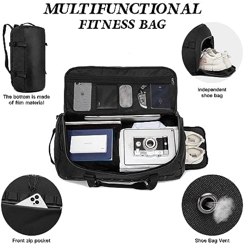 Lyweem Sports Gym Bag Mens - Large 60L Tactical Travel Duffle Bag with Shoes Compartment Women, Overnight Duffel Bag Backpack, Weekend Sports Holdall Bags, Black — view 3