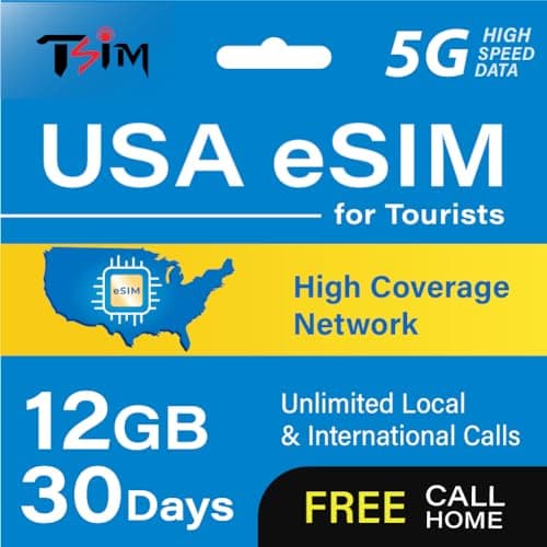 USA eSIM for Tourists 30 Days 12 GB Data on High Coverage Network | Unlimited Local & International Calls | Free Call Home | Get eSIM Same Day! | Hotspot and Tethering allowed