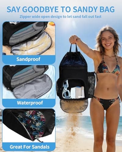WANDF Drawstring Swim Bag, Sandproof Mesh with Wet and Dry Compartments (Black) — view 4
