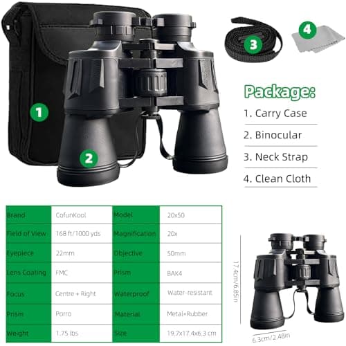 20x50 Binoculars for Adults High Power, HD Waterproof Large Eyepiece, with BAK4 Prism and FMC Lens, Portable Telescope for Bird Watching Hunting Football Concerts — view 6