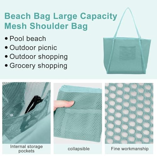 JOZMMZEOOA Mesh Beach Bag for Travel Foldable Reusable Shopping Net Bag Portable Lightweight Storage Tote for Summer for Women Beach Bag Suitable for Picnics Fitness Travel (Blue-green) — view 5