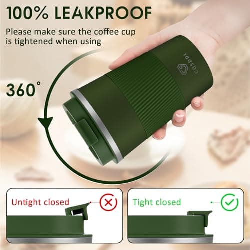 CS COSDDI Travel Mugs, Insulated Coffee Cup with Leakproof Lid - Reusable Coffee Cups Travel - Car Coffee Cup - Stainless Steel Coffee Mug for Hot and Cold Water and Tea (Green-A, 380 ml) — view 3