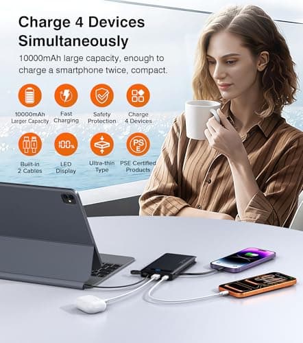 Power Bank 10000mAh, Portable Charger with 2 Built-in Cables (USB-C and Lightning),Fast Charging Battery Pack Compatible with iPhone 17 16 Plus Pro Max,Galaxy,iPad,Tablet–Slim Travel Essential(1 Pack) — view 2