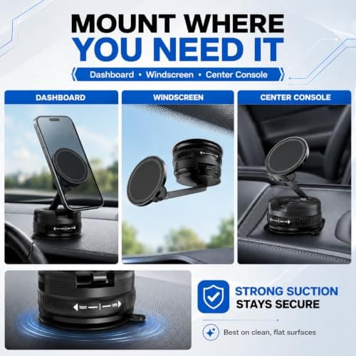 Vacuum Magnetic Car Phone Holder for MagSafe, Strong Suction Cup Dashboard & Windshield Mount, 360° Rotatable Foldable Phone Mount with Metal Ring — view 3