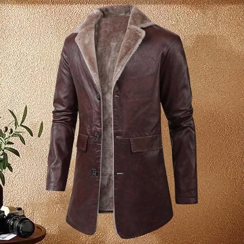 DASONLUE Men's Leather Jacket Winter Turn-Down Collar Fleece Jackets Plain Parka Jacket with Fleece Lined Slim Fit Winter Jackets Faux Leather Thermal Jacket with Buttons, brick red, L — view 2