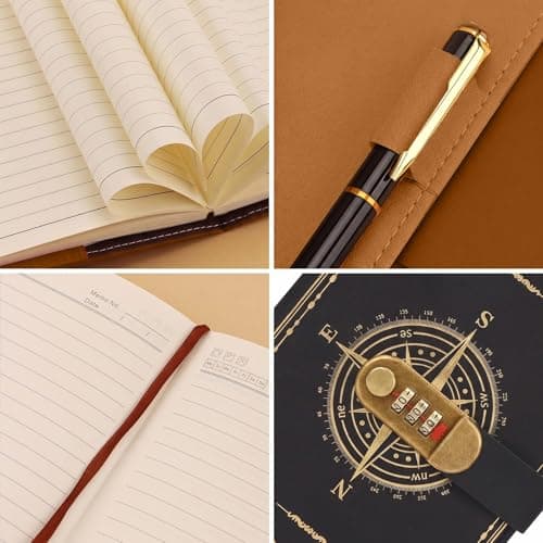 SIMDAO A5 Journal With Lock, Vintage Leather Compass Diary, 200 Pages Lined Paper Notebook With Pen, Secret Diary With Combination Password, Locked Journal for Men Women, Study, Travel Writing — view 4
