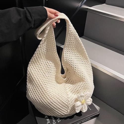 ZAUXVAI Crochet Mesh Tote Bag, Knitted Flower Shoulder Bag, Openwork Breathable Beach Tote Bag, Boho Woven Mesh Shopping Bag, Large Capacity Summer Casual Bag for Women — view 6