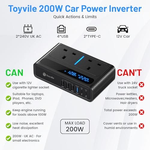200W Car Power Inverter 12V to 240V / 230V with 2 Sockets, 4 USB Ports and 2 Type-C Ports,Fast Charging Car Voltage Converter Inverter,with Cigarette Lighter Plug,Suitable for Laptops, iPads (CV01) — view 3