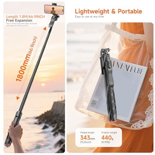 66.9'' Phone Tripod, Unique Auto-Pop Open Selfie Stick,Extendable Aluminum Smartphone Tripod with Remote & Steady Handle, 360 Rotating Portable Phone Stand Filming for iPhone Travel Vlog — view 5