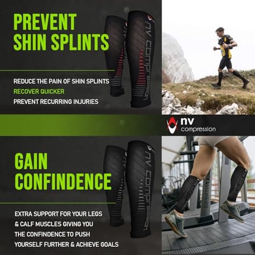 NV Compression Essential Race and Recover Calf Guards/Sleeves (PAIR) 20-30mmHg - For Sports Recovery, Shin Splints, Medical, Work, Flight - Running, Cycling, Gym (Fluo Yel/Black Stripes, S-M) — view 5