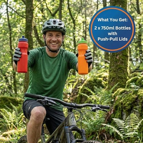 Jolly Brite 750ml Plastic Water Bottles 2 Pack for Cycling, School and Gym, Sports Cap Water Bottles with Push Pull Caps, BPA Free Leak Proof Bike Bottles (Red & Orange) — view 2