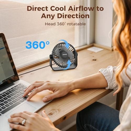 TriPole USB Desk Fan, 3 Speeds Adjustable Strong Wind Table Fan, 360° Head Rotatable 1.5 m Cable Personal Desktop Fans, 4.5 Inches Portable Mini Fan for Table Home Bedroom Office Indoor Outdoor, Black — view 5