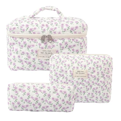 Aucuu 3PCS Coquette Makeup Bag, Quilted Makeup Bag for Women, Floral Cotton Cosmetic Bag Set, Large Capacity Aesthetic Floral Toiletry Bag, Travel Toiletry Bag, Wash Organizer Pouch for Women Girls