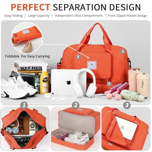FIORETTO Womens Foldable Weekend Bag Overnight Hospital Bag with Shoes Compartment & Wet Pocket, Water Resistant Gym Bag Duffle Bag Travel Bag Holdall for Women Men Orange — view 3